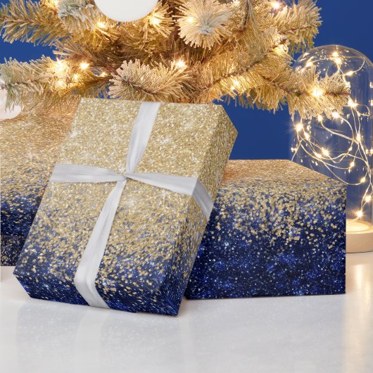 金ゴールドアンドブルーグリッターグラデーションラグジュアリーデザイン ラッピングペーパー (クリスマス)