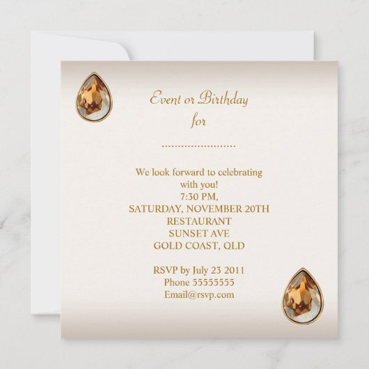 金ゴールドアンバーパールズジュエリーイメージクリーム誕生日 招待状 (裏面)