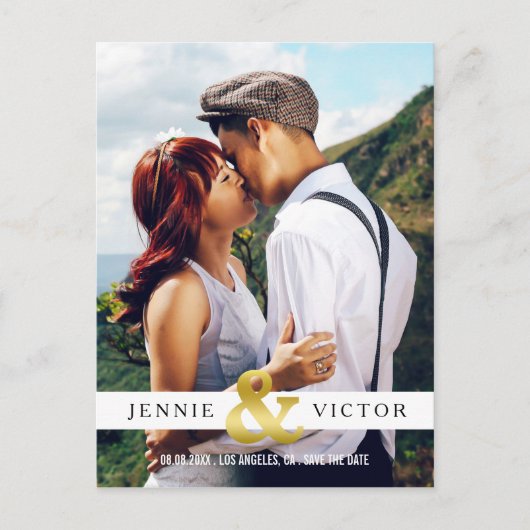 金ゴールドアンパサンド写真日付の保存 案内ポストカード (正面)