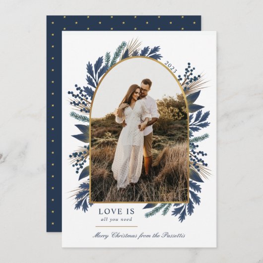 金ゴールドアーチエレガントーの葉ネイビー1枚の写真クリスマス シーズンカード (正面/裏面)