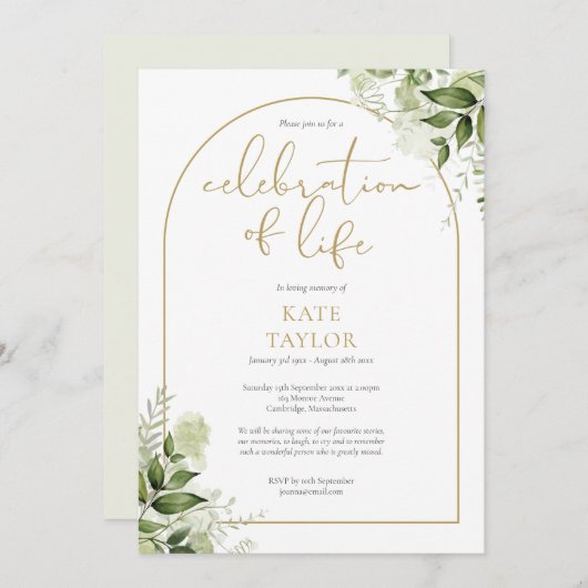 金ゴールドアーチグリーンリーお祝いの生活葬儀 招待状 (正面/裏面)