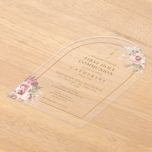 金ゴールドアーチパンパスグラスフローラファーストホーリーコミュニオン アクリル招待状 (レイダウン)