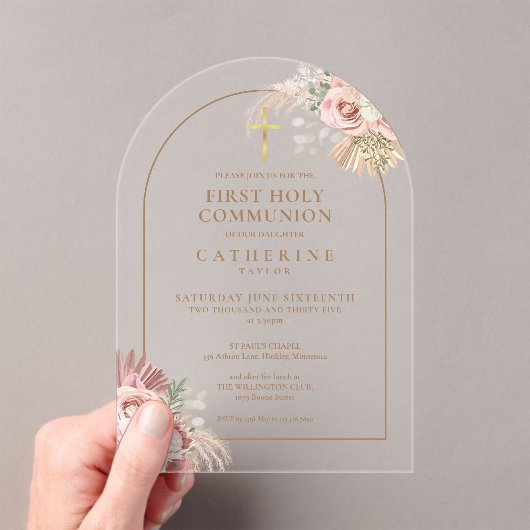 金ゴールドアーチパンパスグラスフローラファーストホーリーコミュニオン アクリル招待状 (インサイチュ (ポータブル))