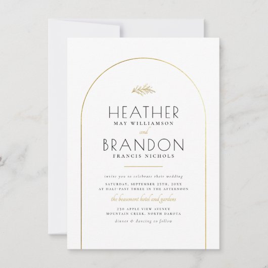 金ゴールドアーチフレームエレガントとタイポグラフィフォト結婚ズ 招待状 (正面)