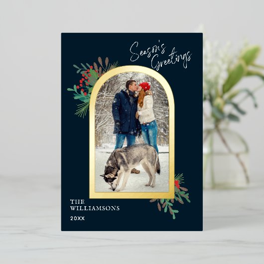 金ゴールドアーチフレームシーズンの挨拶1写真 箔シーズンカード (立ち正面)