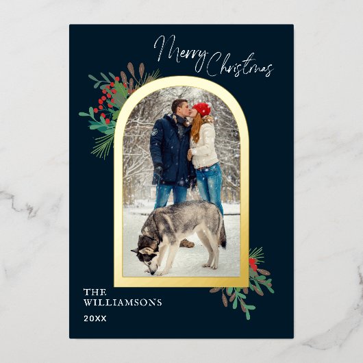 金ゴールドアーチフレームメリークリスマスボタニカルフォト 箔シーズンカード (正面)