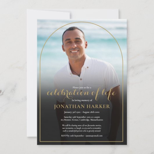 金ゴールドアーチ葬儀フォトお祝いの生活 招待状 (正面)