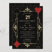 金ゴールドアールデコカジノベガスウーマン21歳の誕生日 招待状 (正面/裏面)