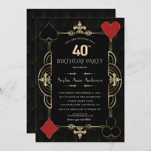 金ゴールドアールデコカジノベガスウーマン40歳の誕生日 招待状 (正面/裏面)