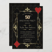 金ゴールドアールデコカジノラスベガスウーマン50誕生日 招待状 (正面/裏面)