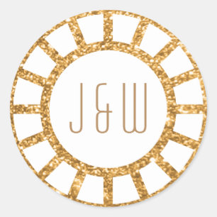 金ゴールドアールデコファンギャツビーMonogramステッカーホワイト ラウンドシール