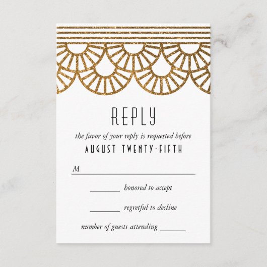 金ゴールドアールデコファン結婚式招待状応答カード 出欠カード (正面)