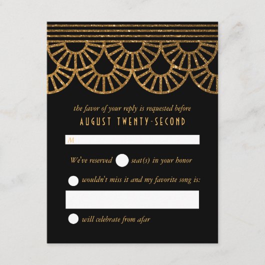 金ゴールドアールデコファン結婚式招待状応答カード 出欠カード (正面)