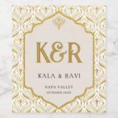 金ゴールドアールデコフローラ結婚ロータスのモノグラム ワインラベル (シングルラベル)