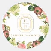 金ゴールドアールデコモノグラムとヴィンテージ花模様 ラウンドシール (正面)