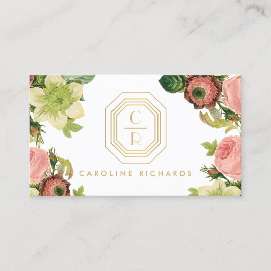 金ゴールドアールデコモノグラムとヴィンテージ花模様 名刺 (正面)