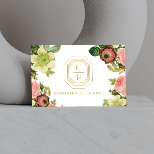 金ゴールドアールデコモノグラムとヴィンテージ花模様 名刺