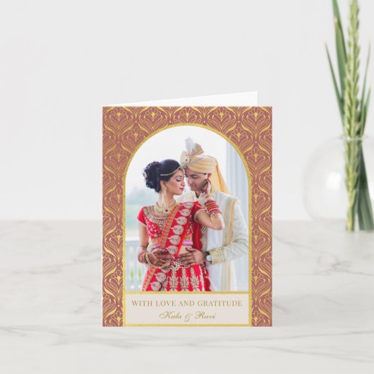 金ゴールドアールデコ結婚の感謝の写真 カード (正面)