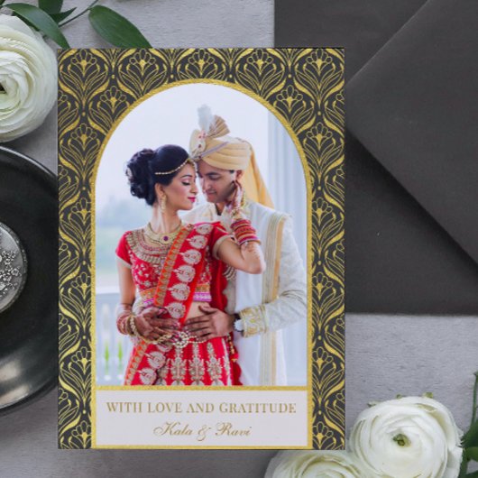 金ゴールドアールデコ結婚の感謝の写真 カード