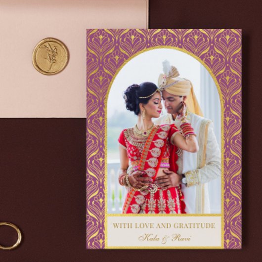 金ゴールドアールデコ結婚の感謝の写真 カード