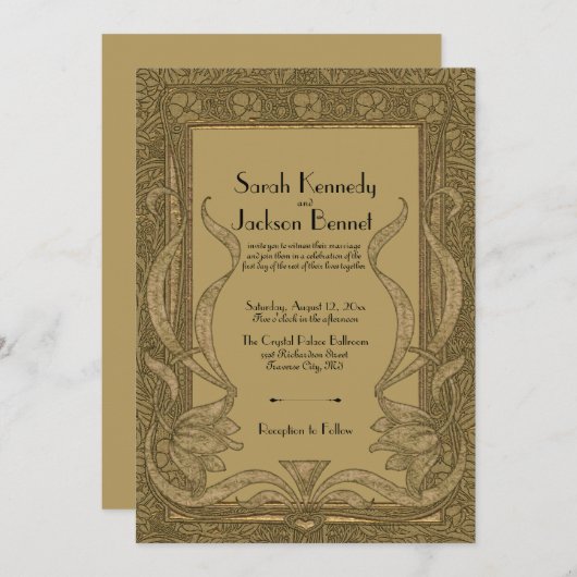金ゴールドアールヌーボーエレガントな結婚式 招待状 (正面/裏面)