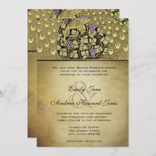 金ゴールドアールヌーボーピーコックバード結婚式招待状 招待状 (正面/裏面)