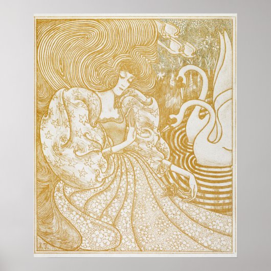 金ゴールドアールヌーボーヴィンテージ女性スケッチヴィンテージAes ポスター (正面)