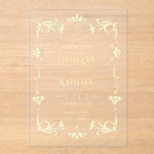 金ゴールドアールヌーボー透明ウェディング日付を保存 アクリル招待状 (正面)