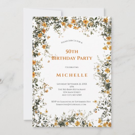 金ゴールドイエローウォーター色フローラグリーン50誕生日 招待状 (正面)
