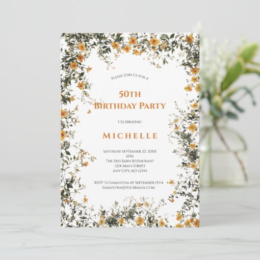 金ゴールドイエローウォーター色フローラグリーン50誕生日 招待状 (スタンド正面)