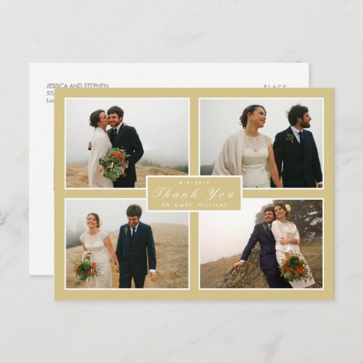 金ゴールドイエローサンキュー結婚の4枚の写真はがき ポストカード (正面/裏面)