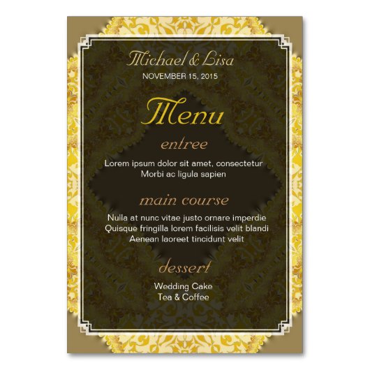 金ゴールドイエローダマスク結婚式メニュー+テーブル番号カード テーブルナンバー (裏面)