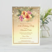 金ゴールドイエローピンクセピアハイビスカスバースデーパーティー 招待状 (スタンド正面)