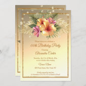 金ゴールドイエローピンクセピアハイビスカスバースデーパーティー 招待状 (正面/裏面)