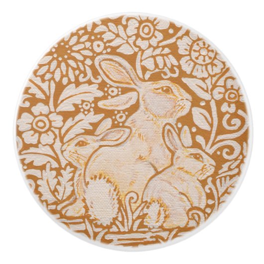 金ゴールドイエローホワイトラビットファミリードロワードアノブ セラミックノブ (正面)