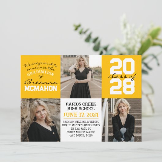 金ゴールドイエローホワイト4写真卒業のお知らせ 招待状 (スタンド正面)