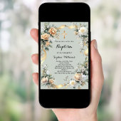 金ゴールドイエローリボン花模様セージ緑のバプテスマ 招待状