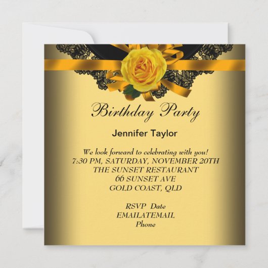 金ゴールドイエローローズブラックレースバースデーパーティー 招待状 (裏面)