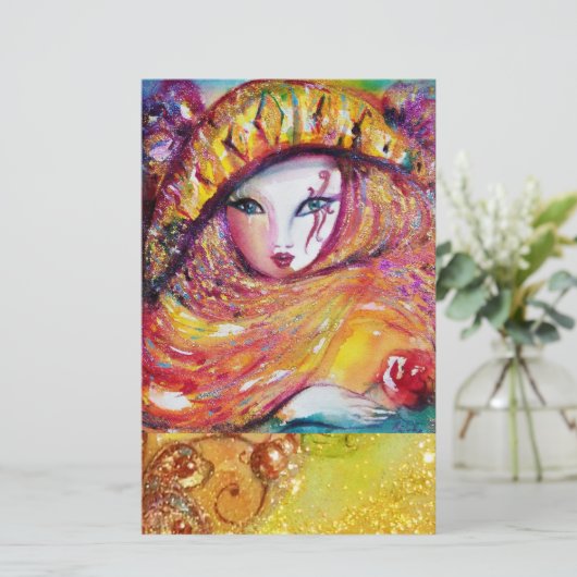 金ゴールドイエロー文房具におけるベネチアカーニバルマスク 便箋 (スタンド正面)