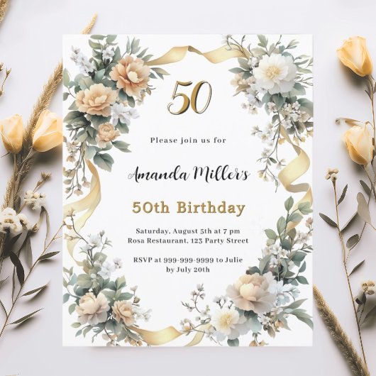 金ゴールドイエロー花模様リボン誕生日の招待状