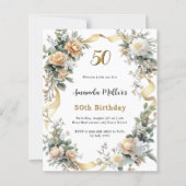 金ゴールドイエロー花模様リボン誕生日の招待状 (正面)