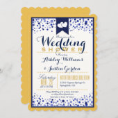 金ゴールドイエロー、ホワイト、ネイビーブルーウェディングシャワー 招待状 (正面/裏面)