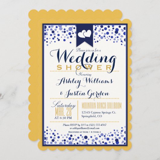 金ゴールドイエロー、ホワイト、ネイビーブルーウェディングシャワー 招待状 (正面/裏面)
