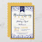 金ゴールドイエロー、ホワイト、ネイビーブルー引っ越し祝いパーティーパーティー 招待状 (正面/裏面)