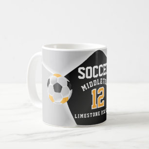 金ゴールドイエロー、白黒⚽サッカースポーツ コーヒーマグカップ
