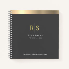 金ゴールドイニシャルストライプと、ネーム職業、ダークグレー ノートブック