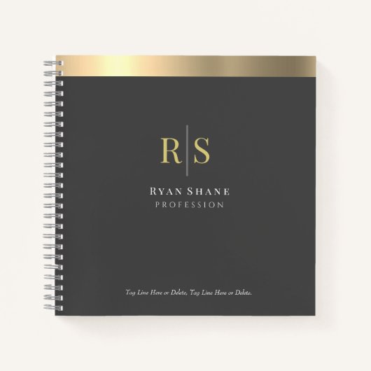 金ゴールドイニシャルストライプと、ネーム職業、ダークグレー ノートブック (正面)