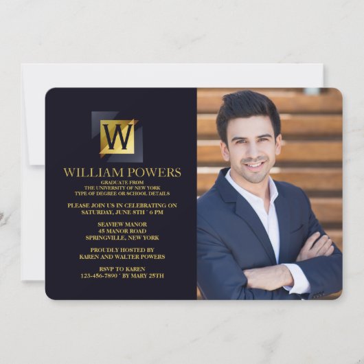 金ゴールドイニシャルフォト招待状 招待状 (正面)