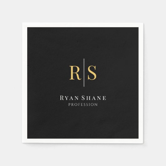 金ゴールドイニシャル，氏名，職業，黒 スタンダードカクテルナプキン (正面)