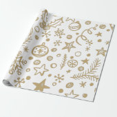 金ゴールドイラストレーションパターンクリスマス ラッピングペーパー (アンロールド)